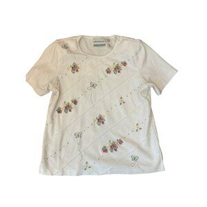 Alfred Dunner White T-Shirt PS Petite Strawberry & Butterfly Embroidered Cottage